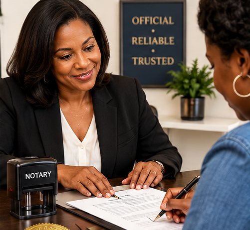 Notary appointment with a client signing a document beside a notary stamp and seal